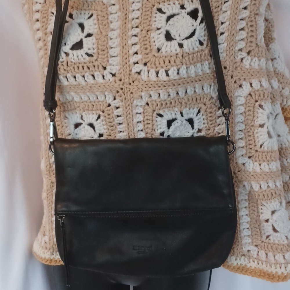 Margot Black Leather Robbie Fold-Over Crossbody Bag